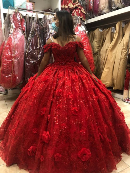 Stunning Red Off The Shoulder Ball Gown ,3D Flowers Quinceanera Dress, Simplepromdress Stunning Red Off The Shoulder Ball Gown ,3D Flowers Quinceanera Dress, Simplepromdress