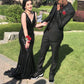 Elegant Black V Neck Prom Dress,Mermaid Sequins Prom Gown  Y1216