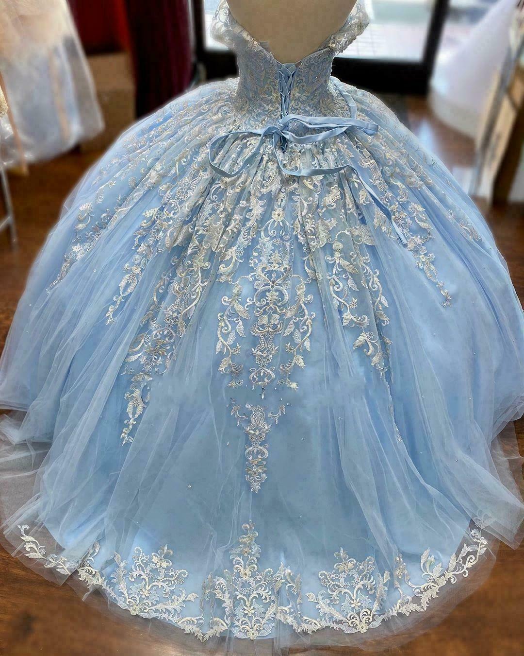 Winter Wonderland Blue Ball Gown Quinceanera Dress Blue Tulle Lace