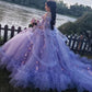 Luxurious Off The Shoulder Tulle Floral Appliques Ball Gown Purple Sweet 16 Dress Y679