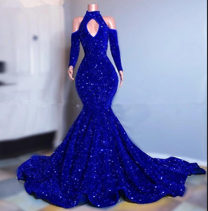 Plus Size Royal Blue Sparkly Sequins Prom Dresses Long Sleeves Mermaid –  Simplepromdress