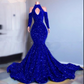 Plus Size Royal Blue Sparkly Sequins Prom Dresses Long Sleeves Mermaid Evening Gowns Elegant Off Shoulder Women Formal Dress Y1271